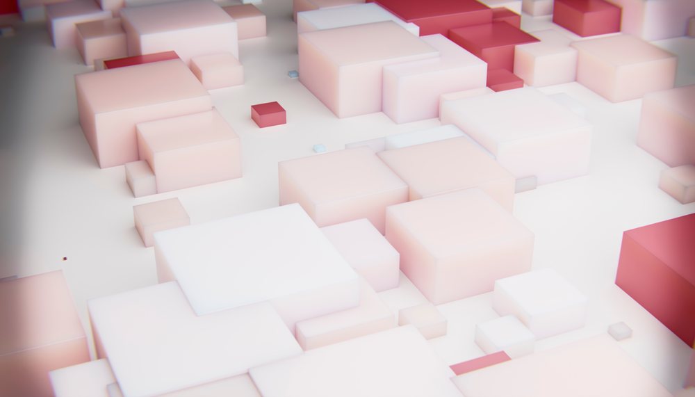 A 3d digital rendering of abstract white and red cubes arranged