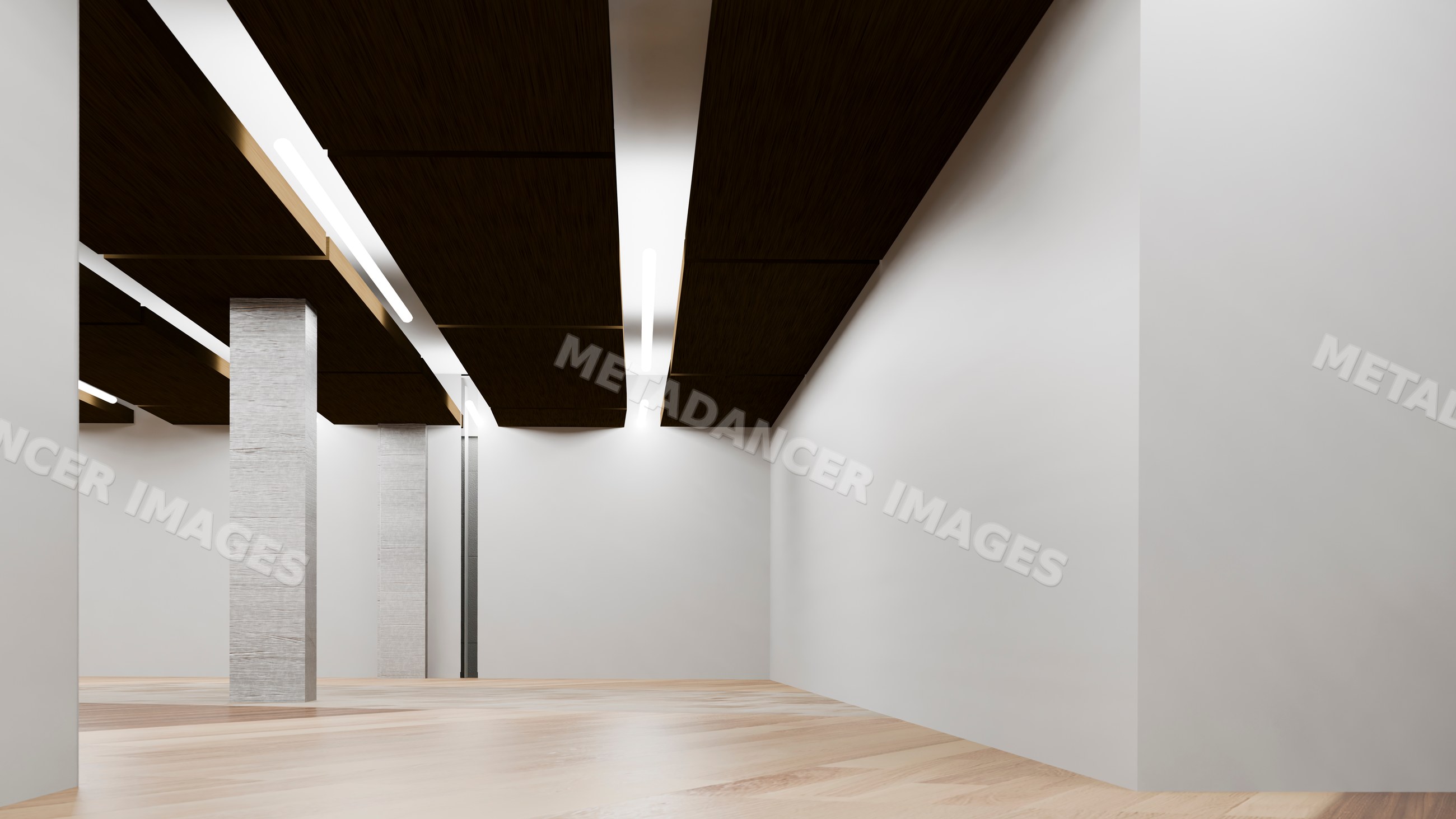 Empty modern interior room with wooden flooring and white walls
