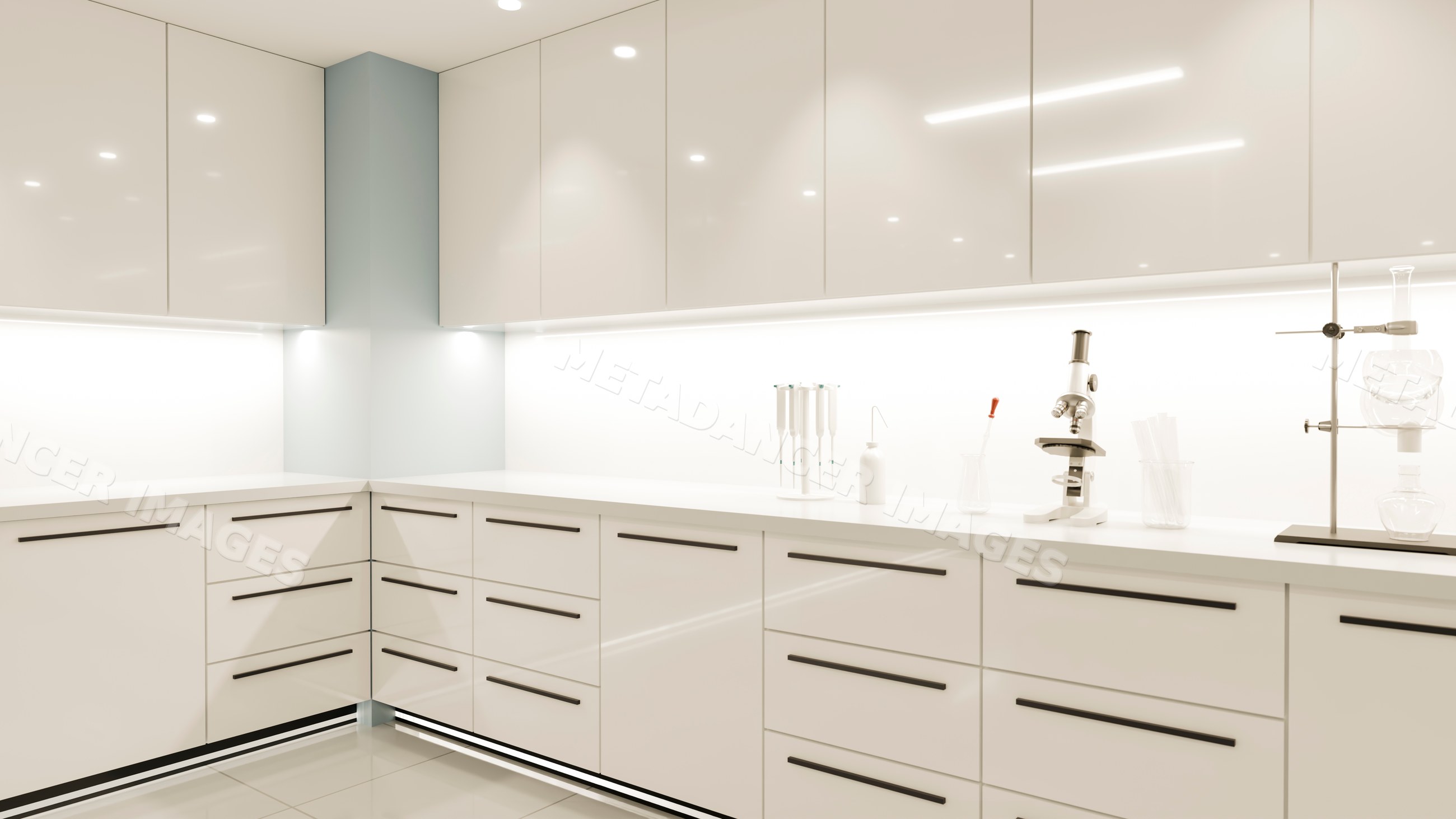 Laboratory countertop with microscope and glassware