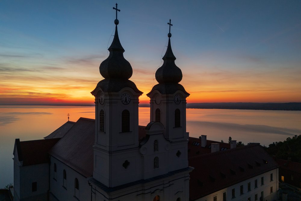 Benedictine Abbey of Tihany at Dawn with calm waters
