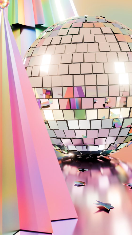 Disco ball with mirrored tiles and star decorations