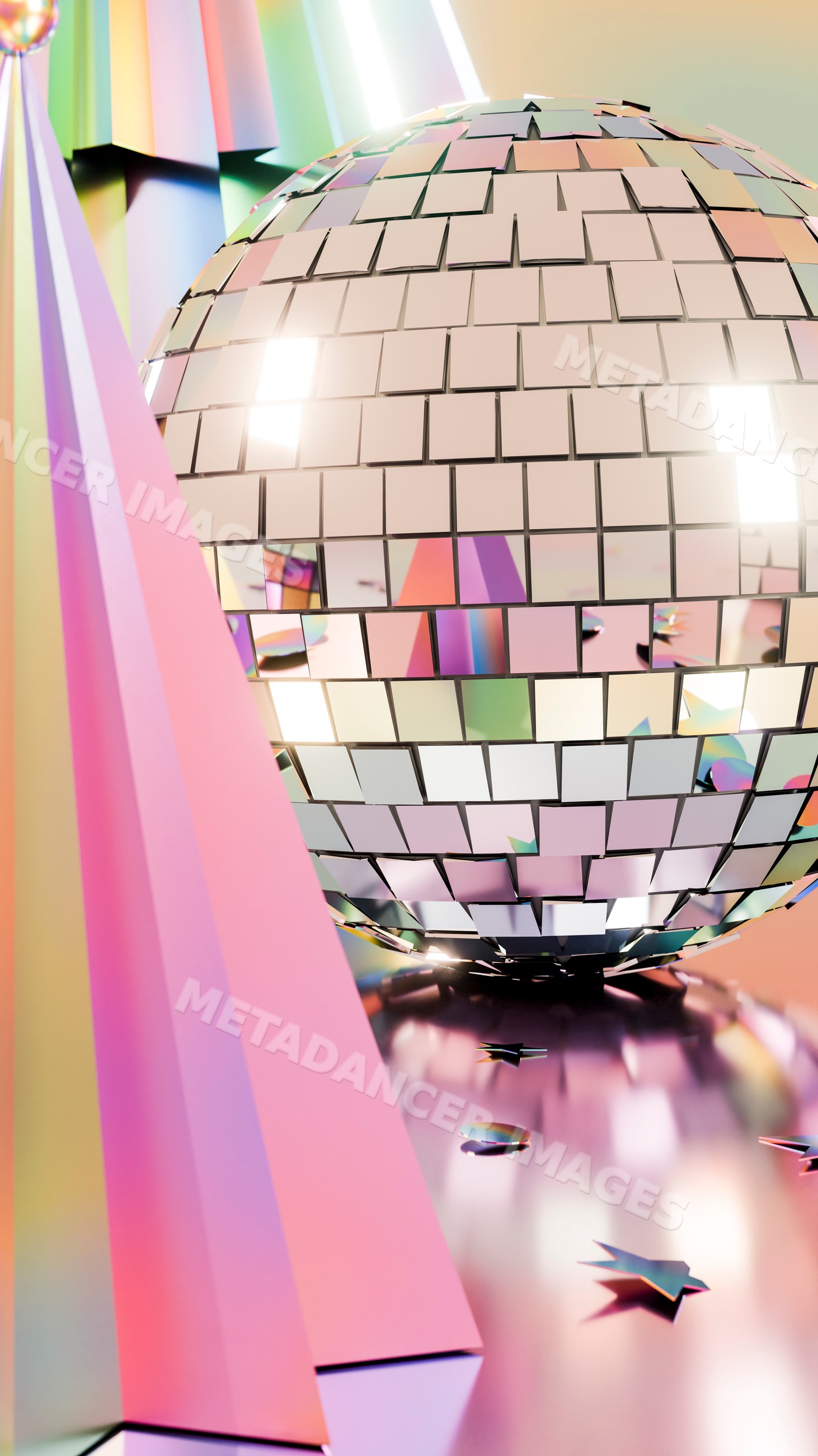 Disco ball with mirrored tiles and star decorations