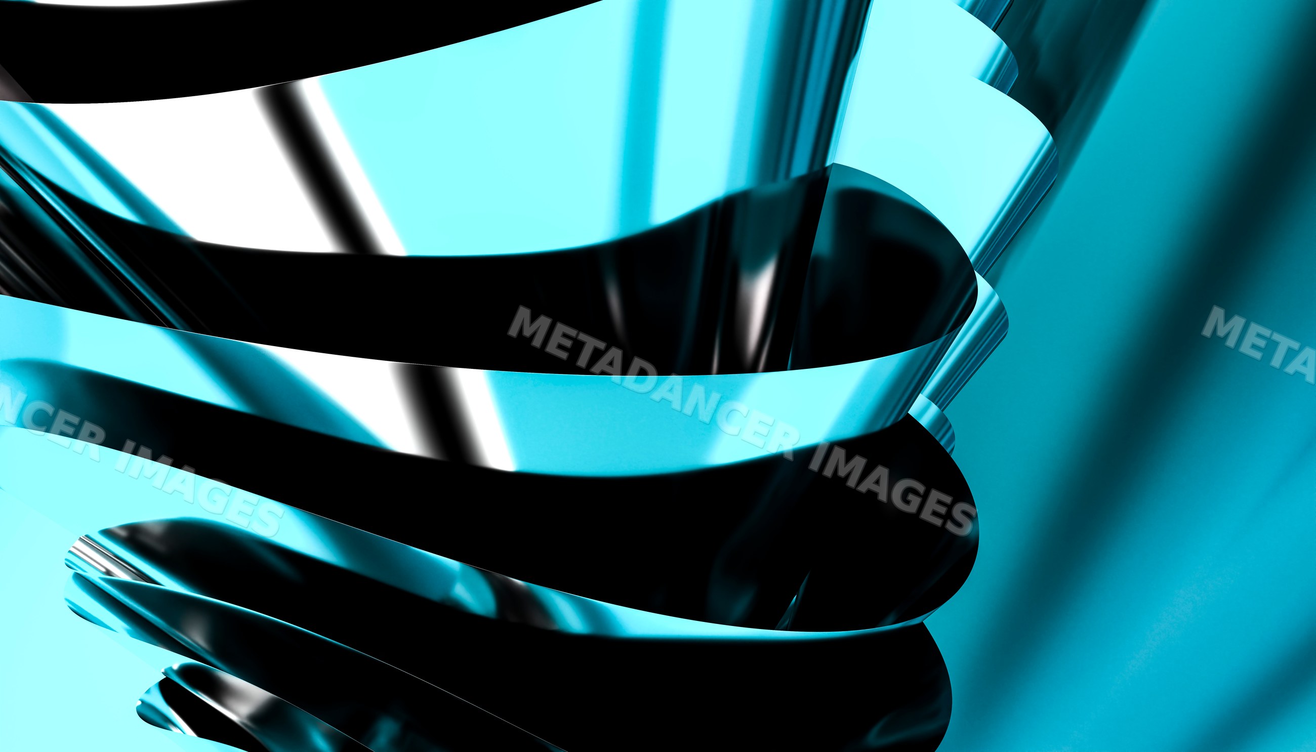 Abstract metallic blue ribbon with reflective curved surfaces