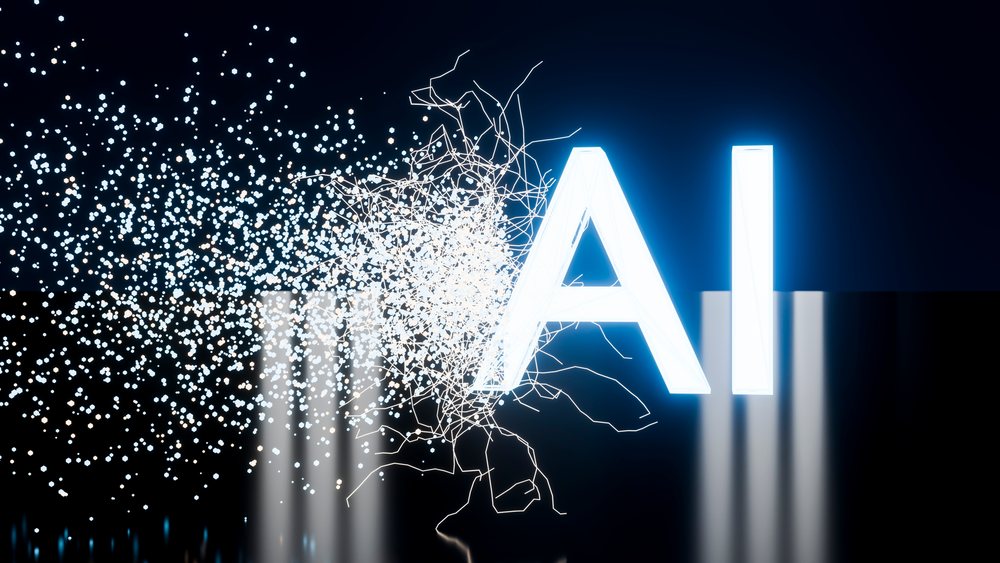Glowing ai letters with digital particles and network lines technology