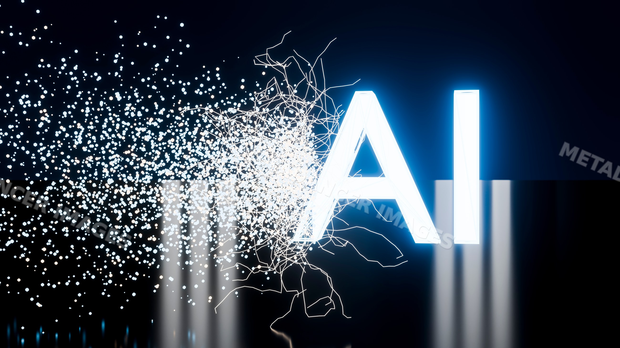 Glowing ai letters with digital particles and network lines technology
