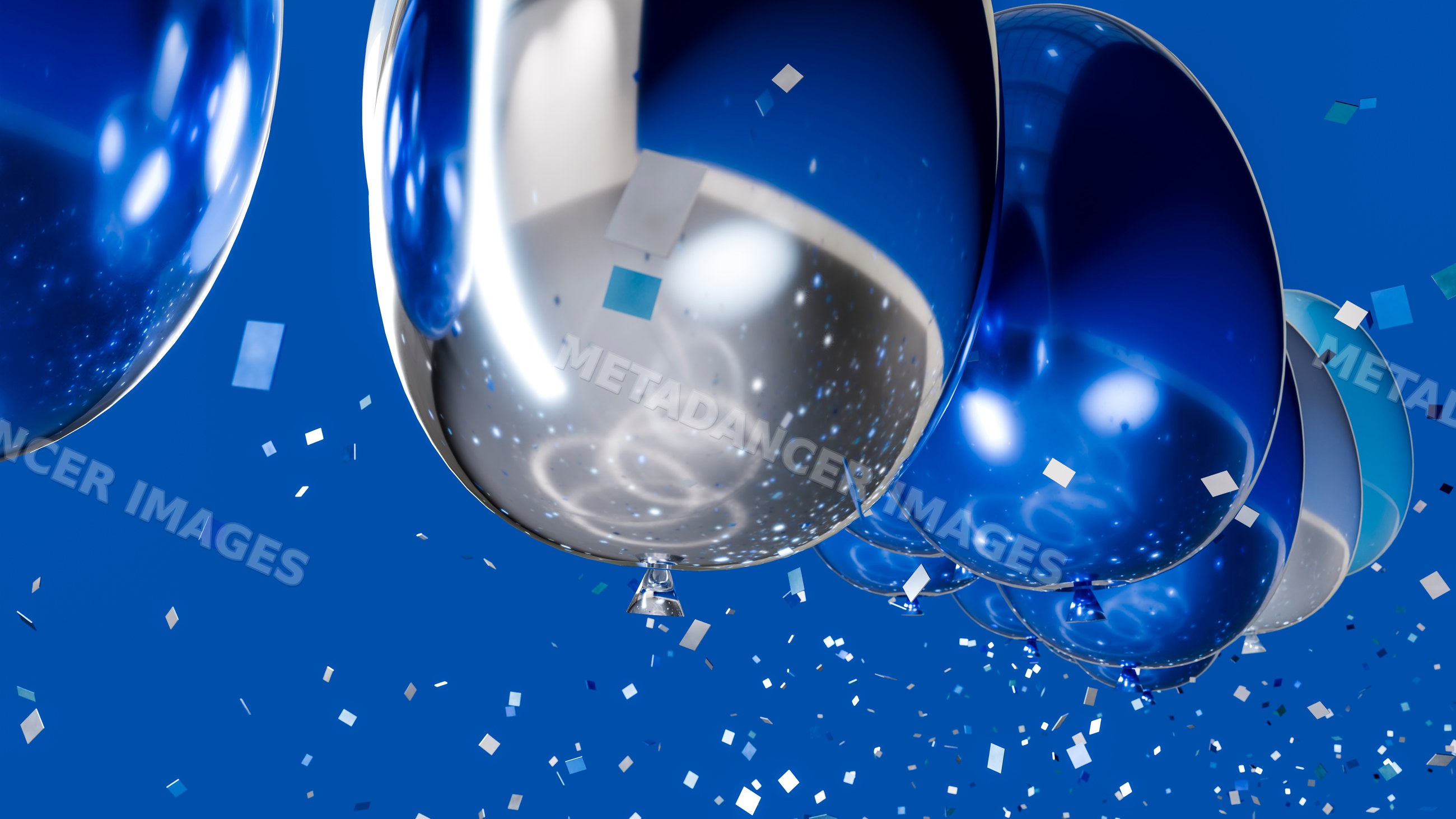 Blue and silver balloons with confetti in festive celebration