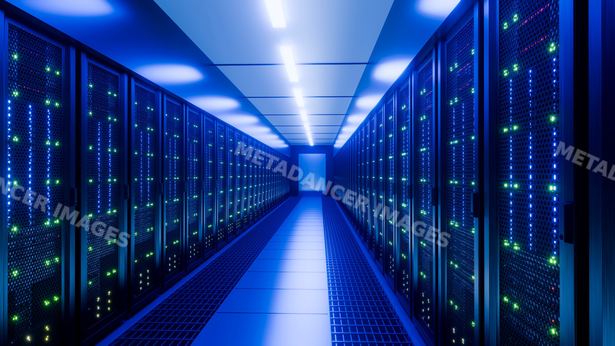 Data center corridor with illuminated server racks and blue lighting