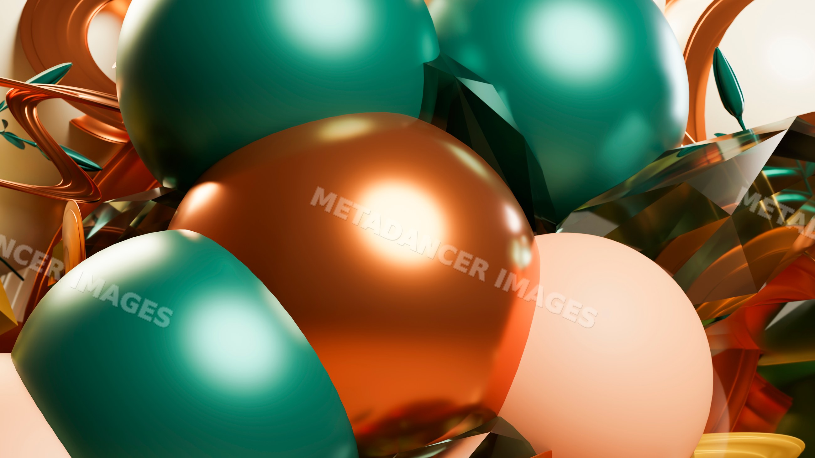3d render of abstract shiny spheres and geometric shapes