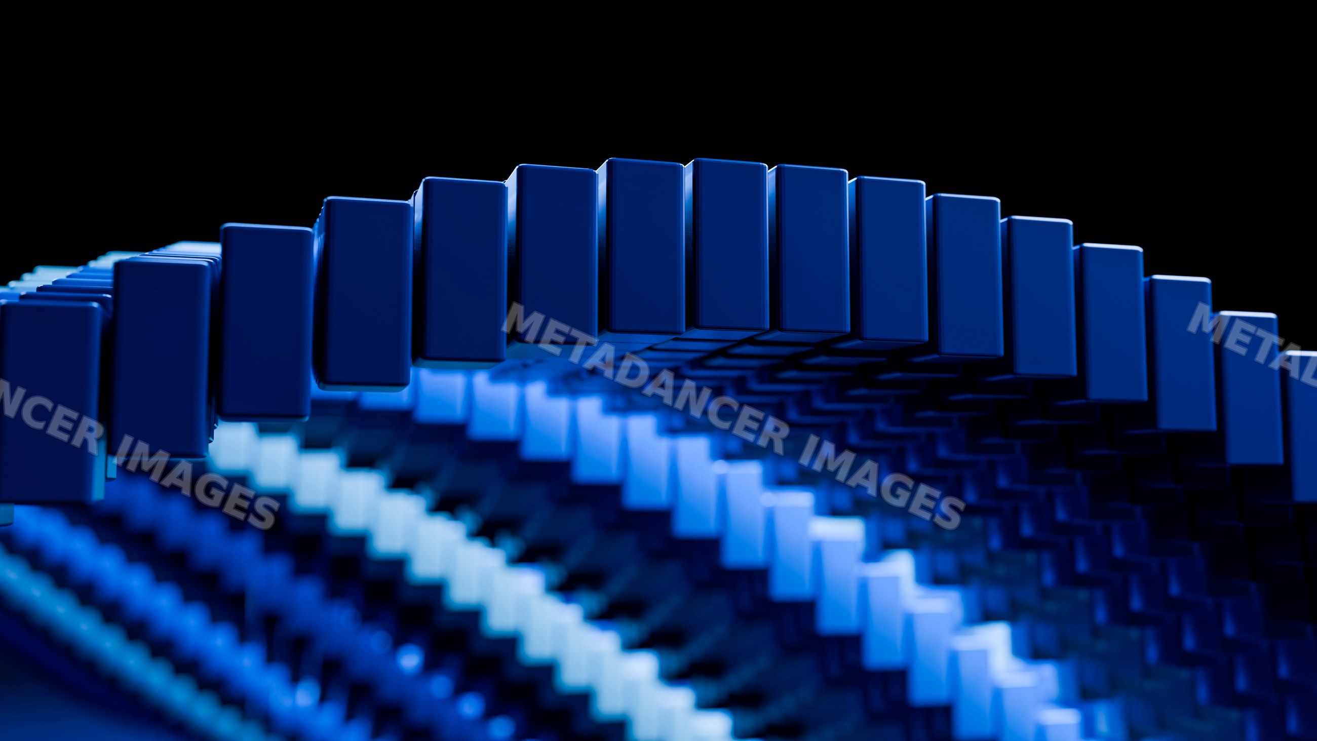 Blue dominoes forming a curved arch in artistic abstract pattern