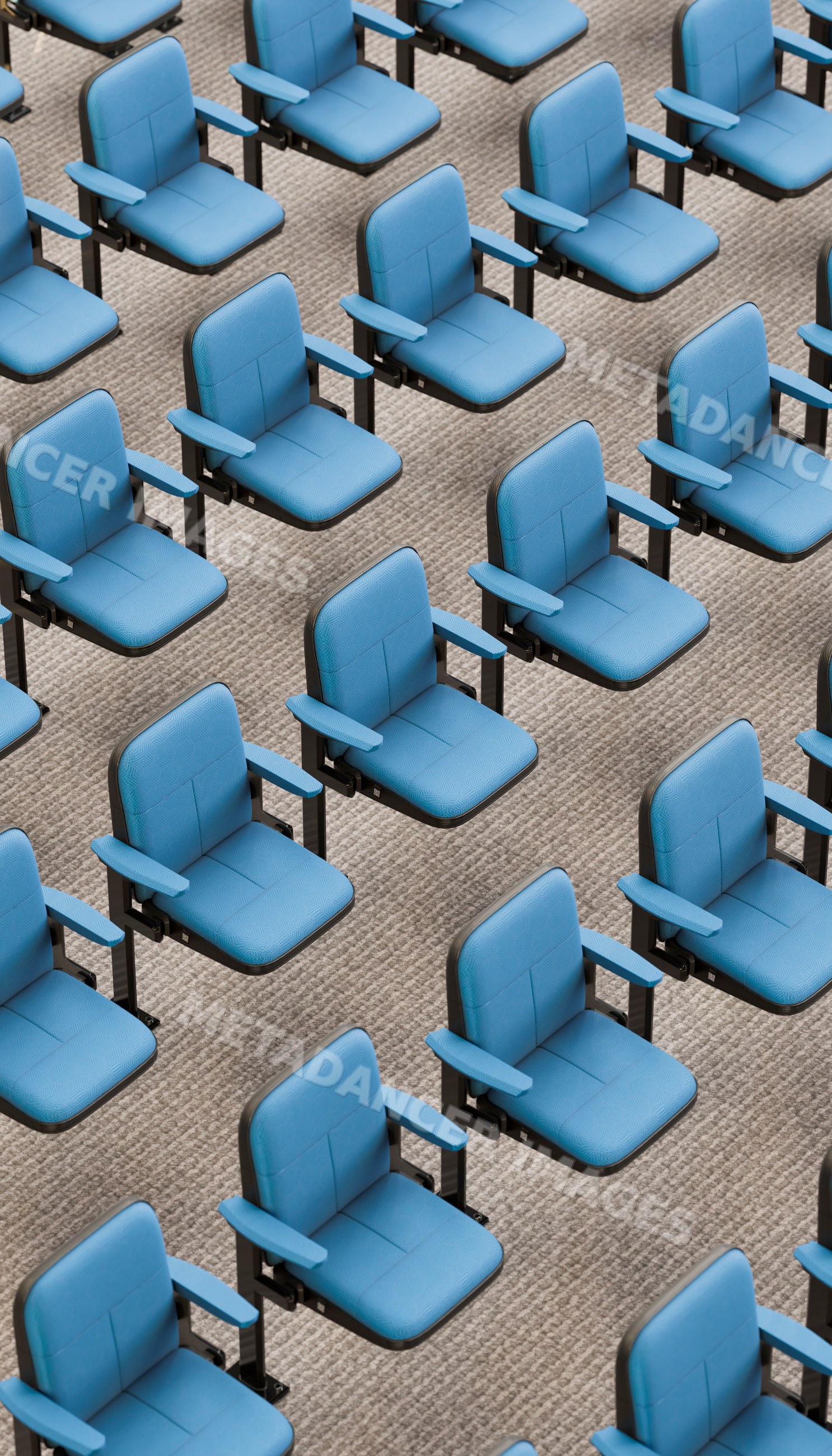 Rows of blue auditorium chairs in conference hall