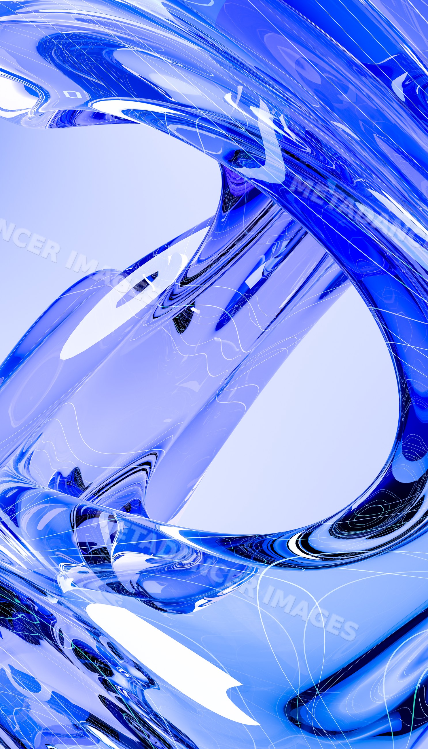 Abstract blue glass shapes with smooth curved surfaces and reflections