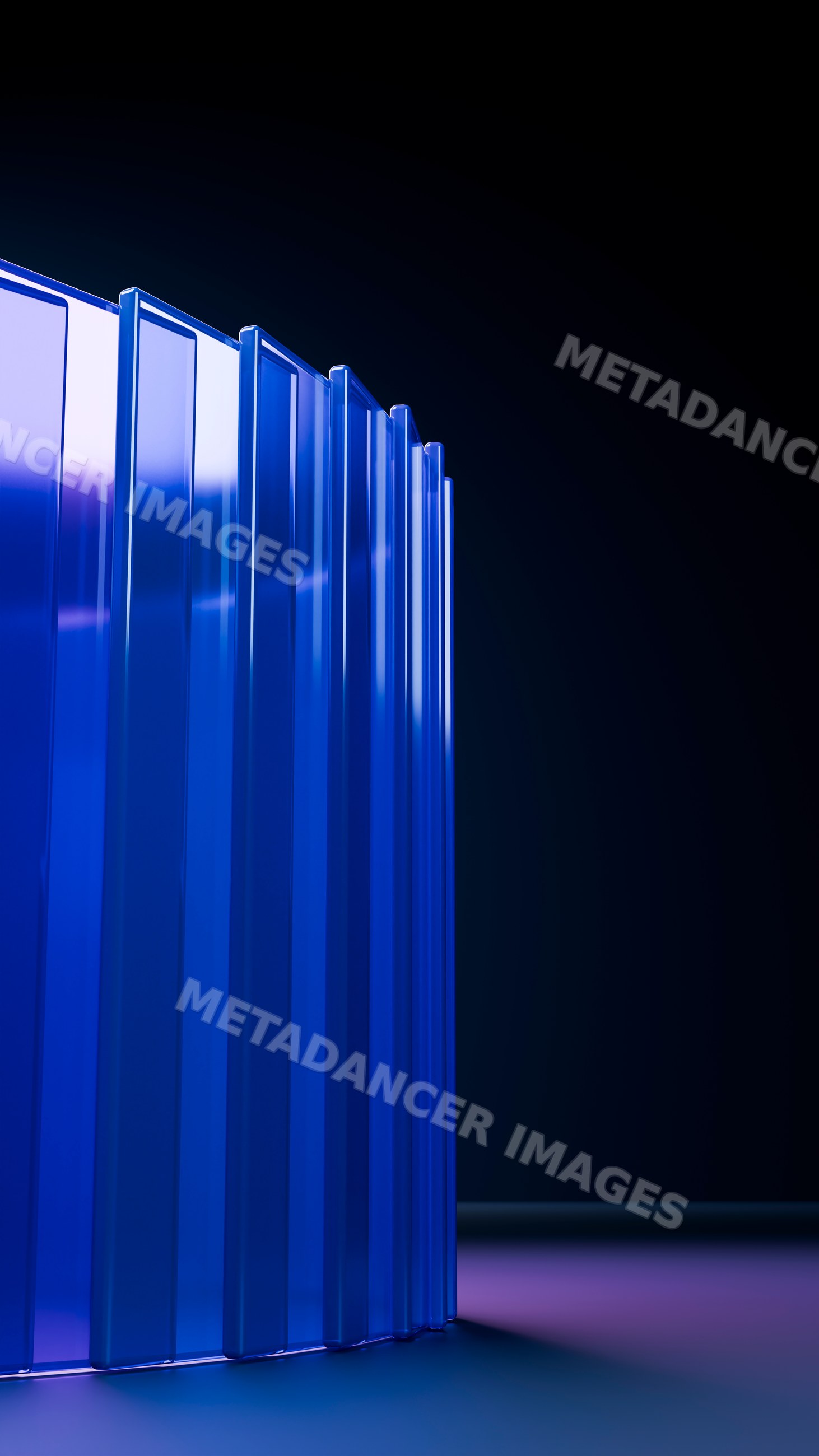 Curved translucent blue glass panels in minimalist studio