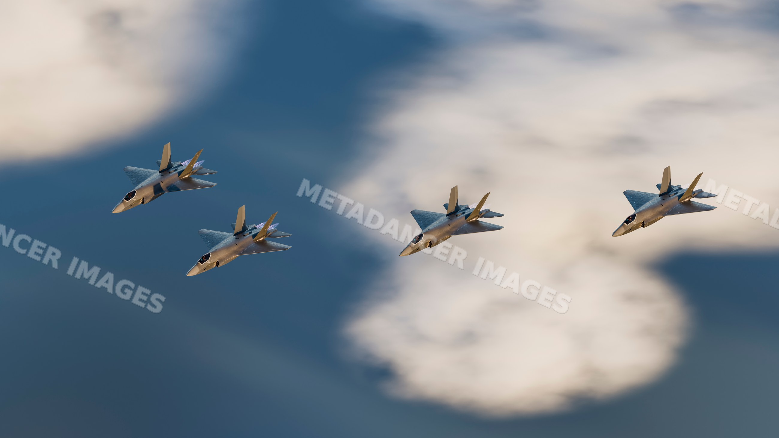Four fighter jets flying in formation over clouds