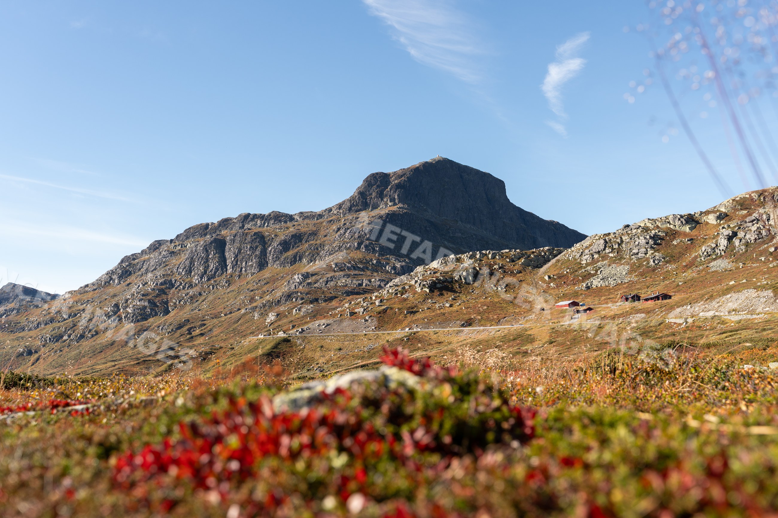 Rocky mountain landscape with rural cabins and autumn vegetation
