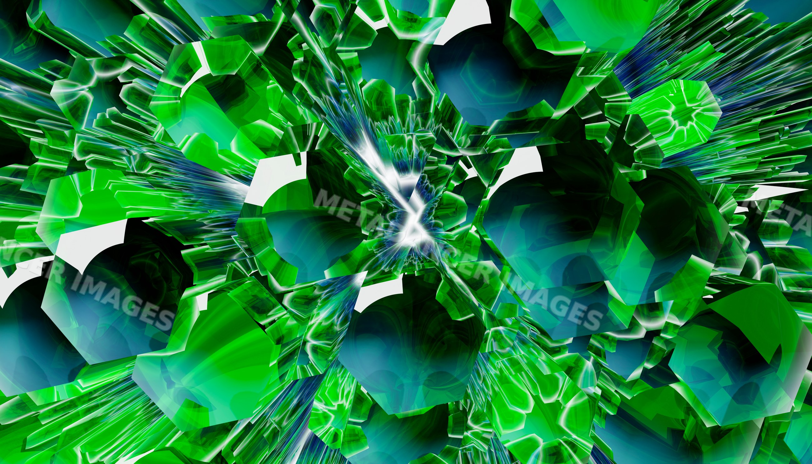 A vibrant 3d illustration of green and blue crystal-like geometric