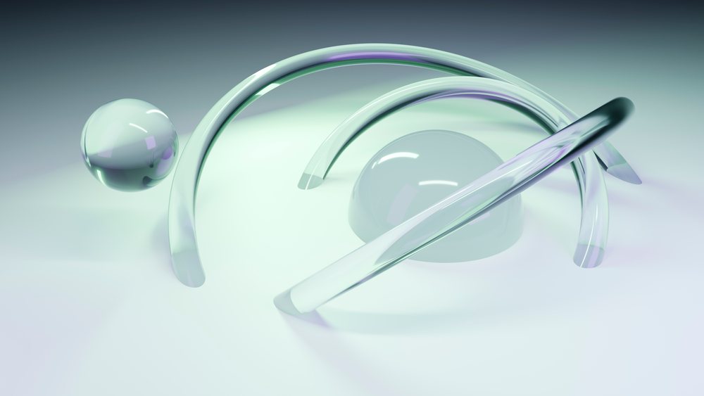 Abstract transparent glass spheres with curved tubes on smooth surface