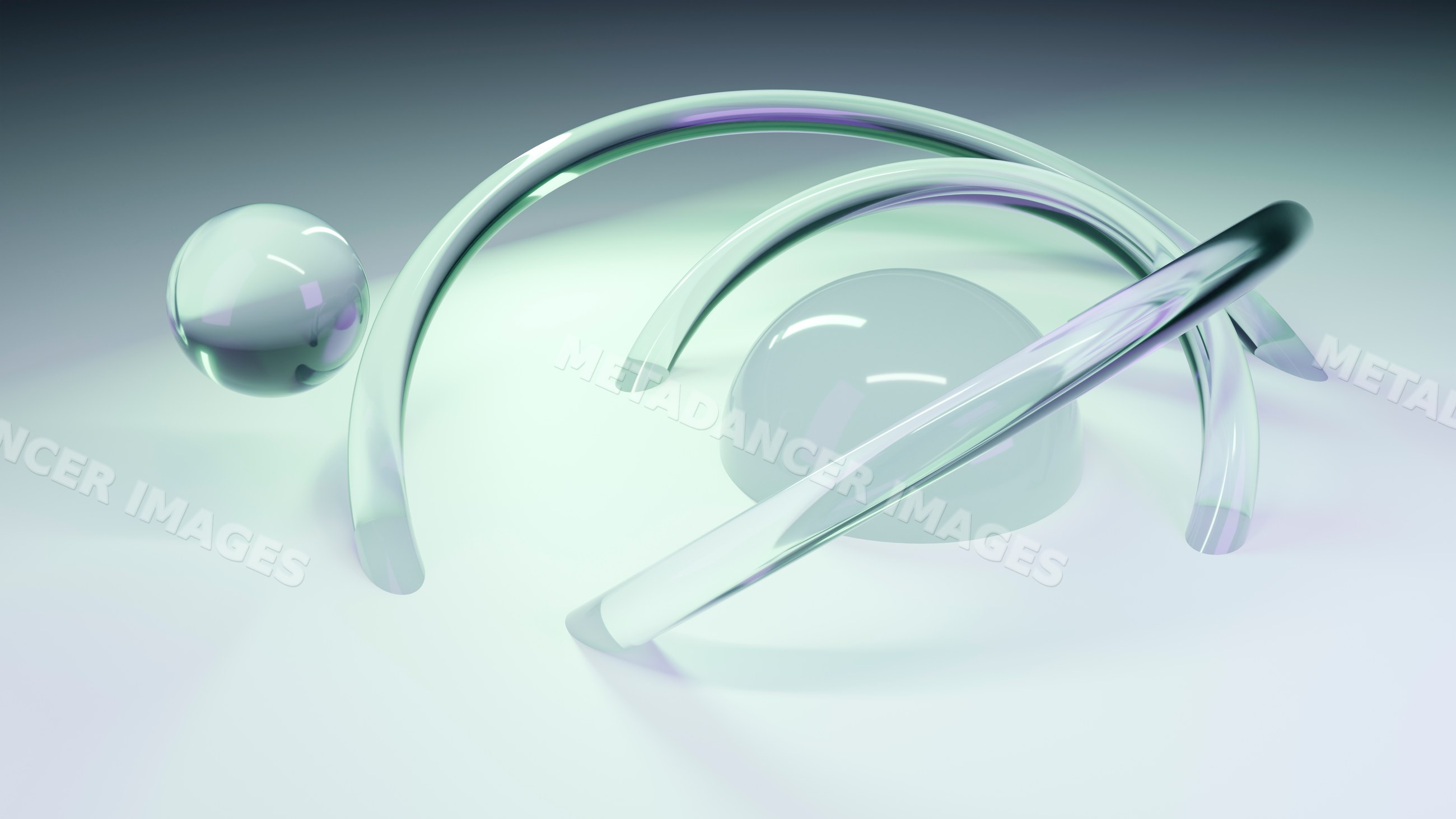 Abstract transparent glass spheres with curved tubes on smooth surface