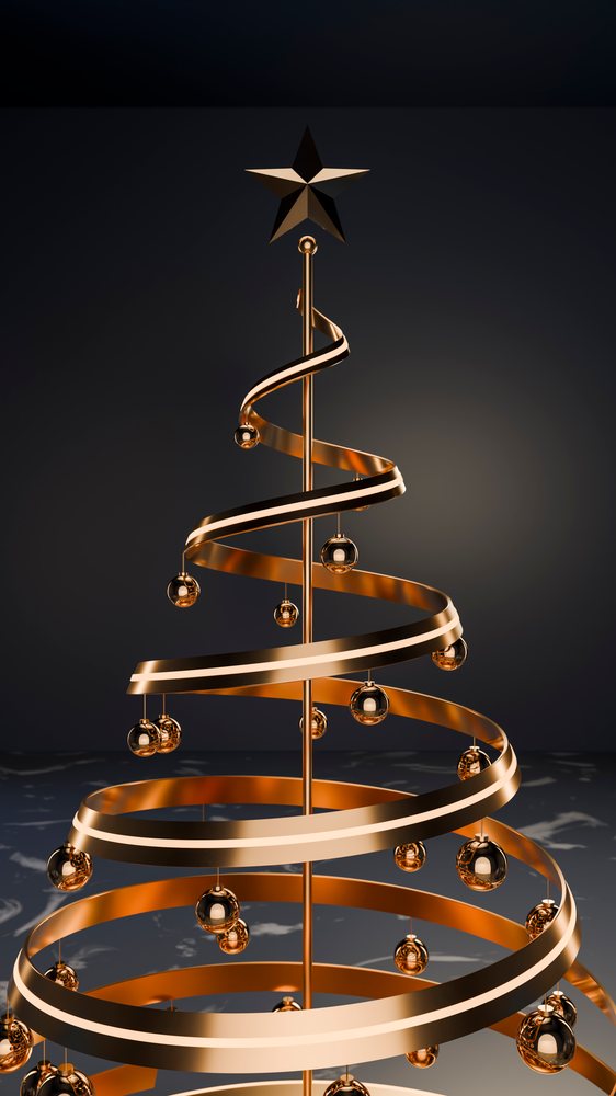 Metal spiral christmas tree with gold ornaments and star topper