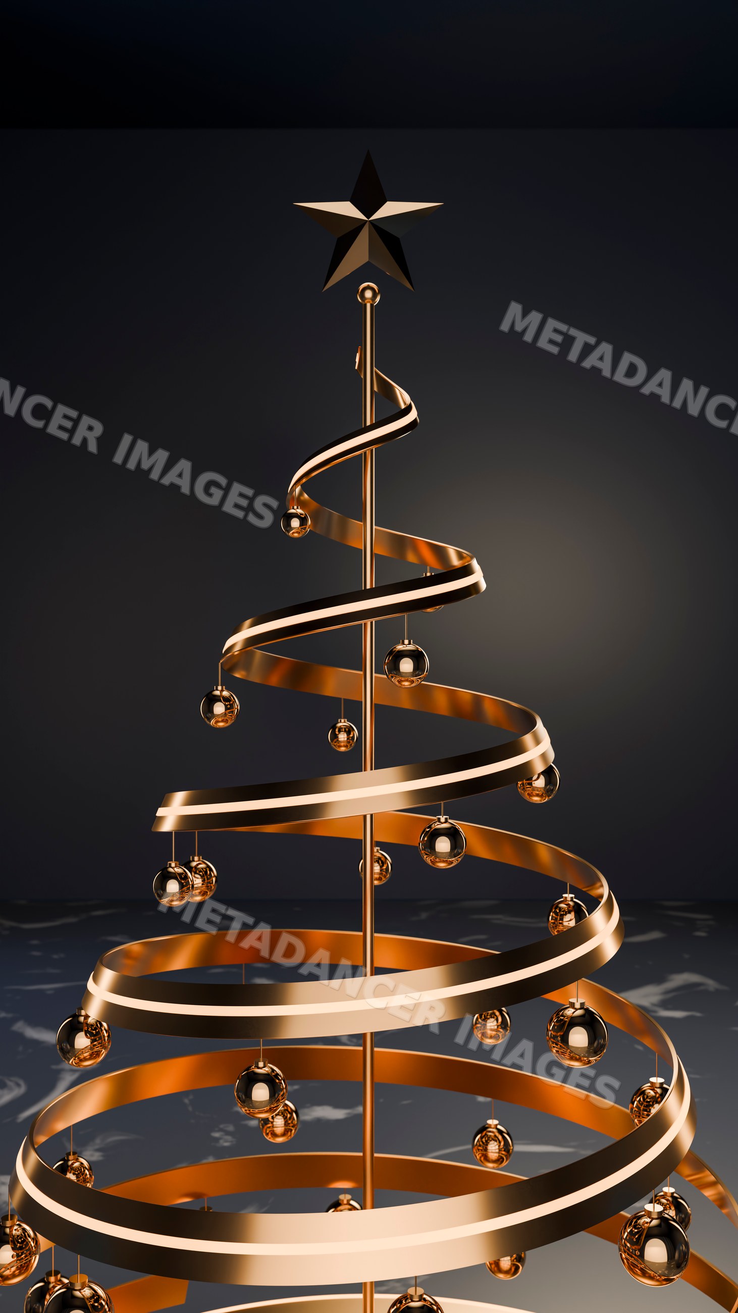 Metal spiral christmas tree with gold ornaments and star topper