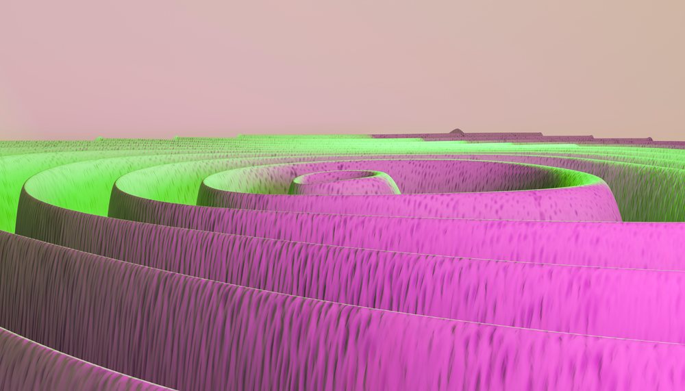 A purple and green circular spiral abstract 3d textured pattern