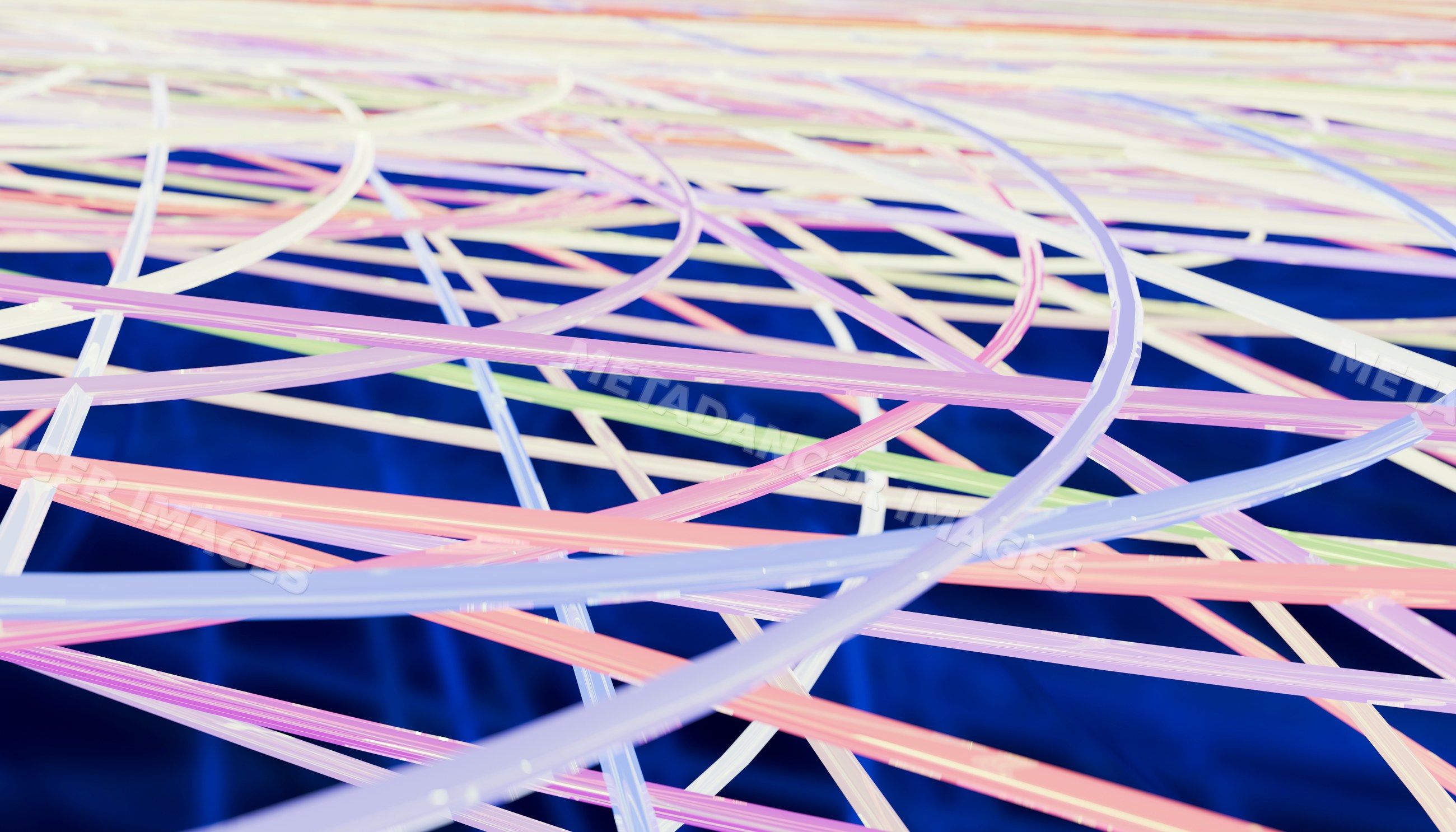 Colorful glowing fibers intertwined over dark blue background