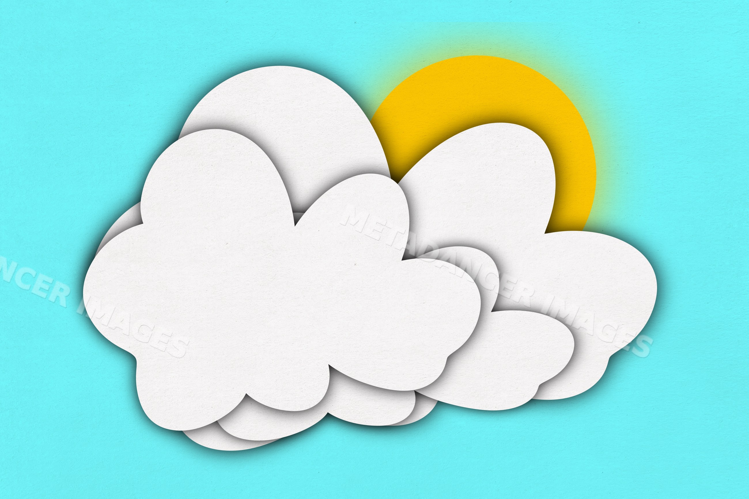 White layered clouds with sun illustration on blue background
