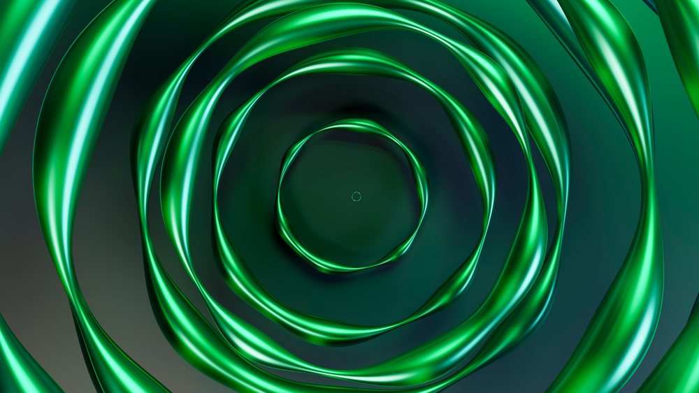 Green twisted concentric spirals in abstract digital design
