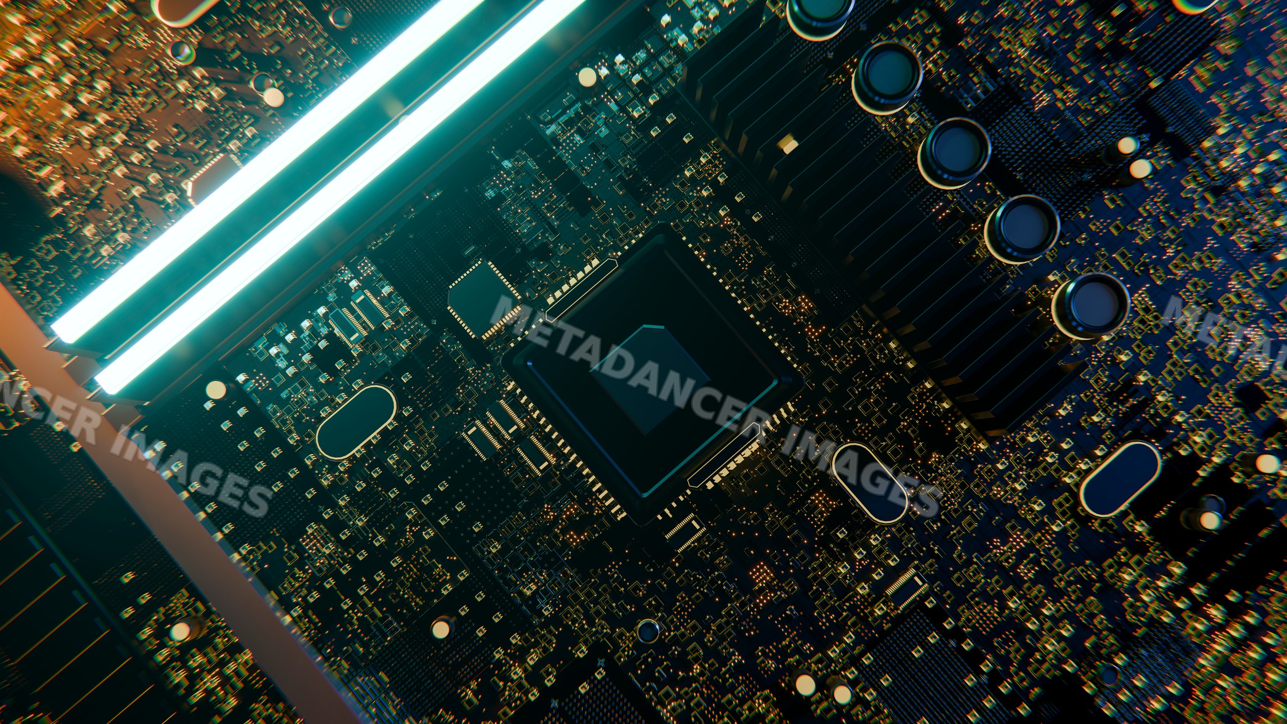 Close-up of a computer chip on a circuit board illustration