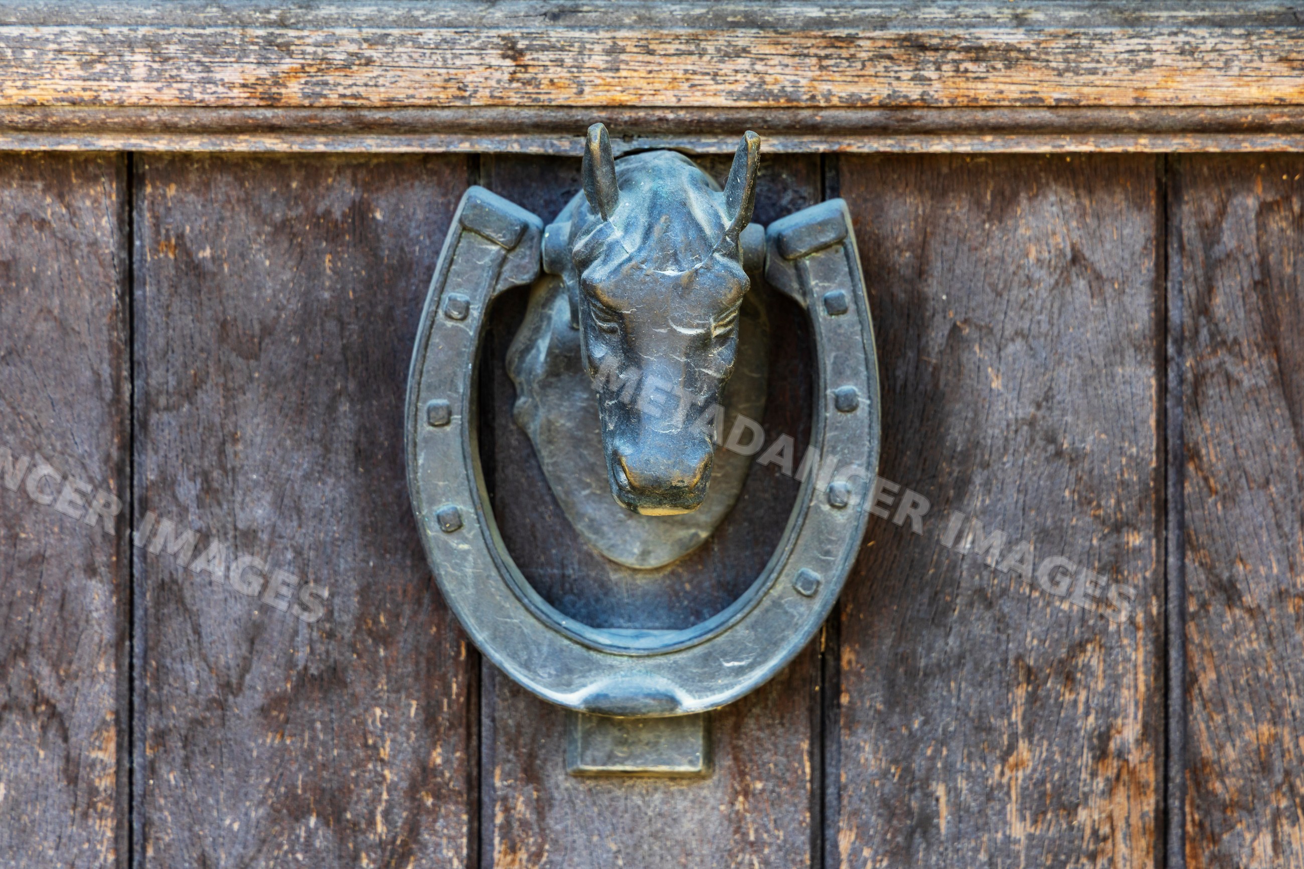 Metal horse head door knocker with horseshoe on wooden door in corte