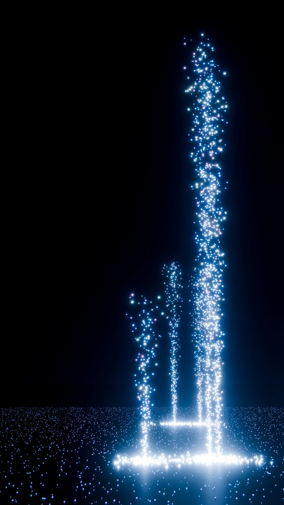 Vertical glowing light pillars of sparkling blue and white particles