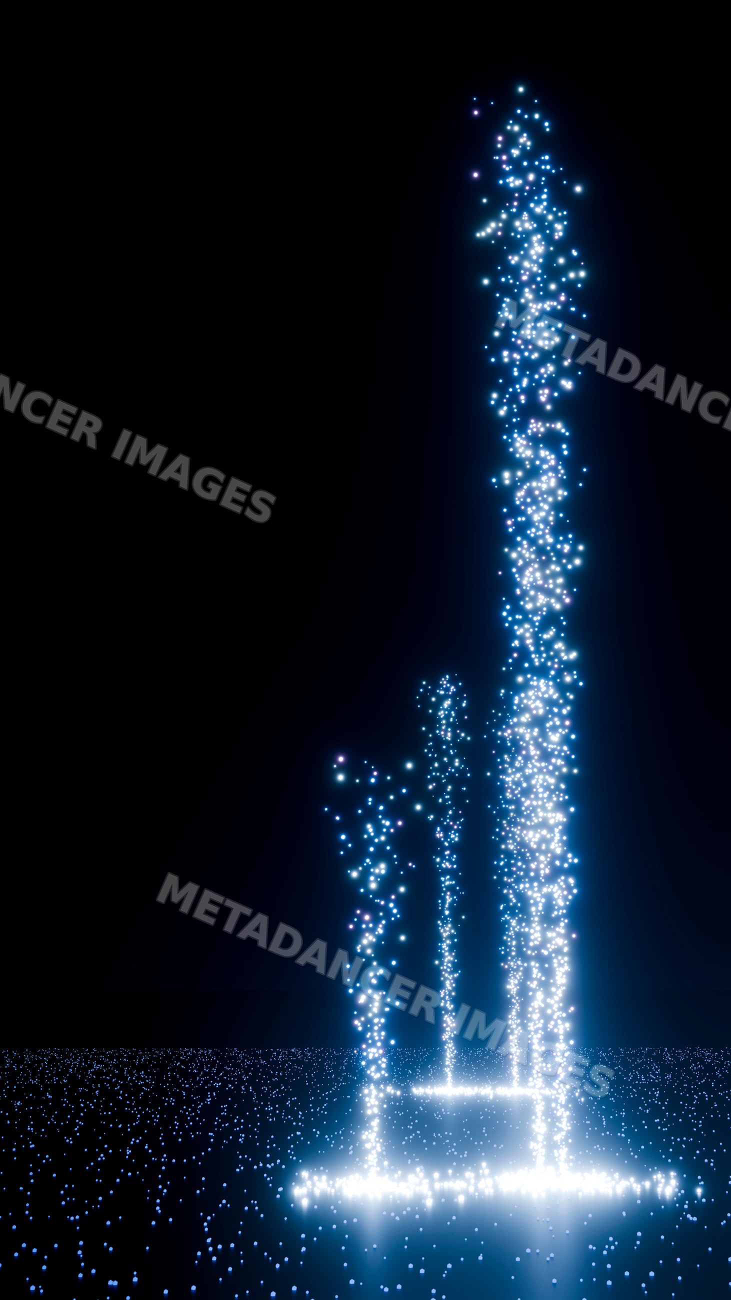 Vertical glowing light pillars of sparkling blue and white particles