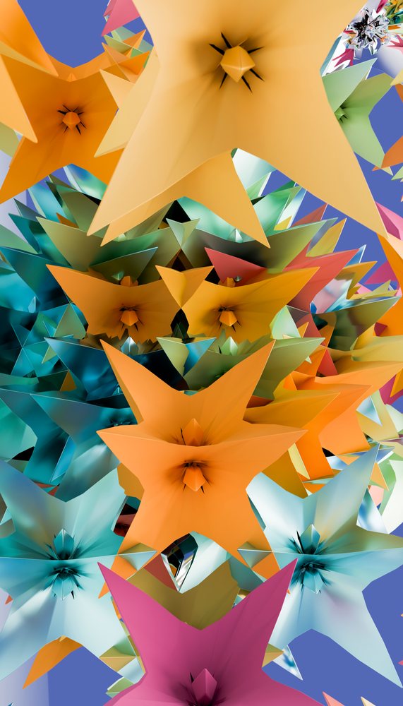 A colorful digital rendering of multicolored abstract star shapes