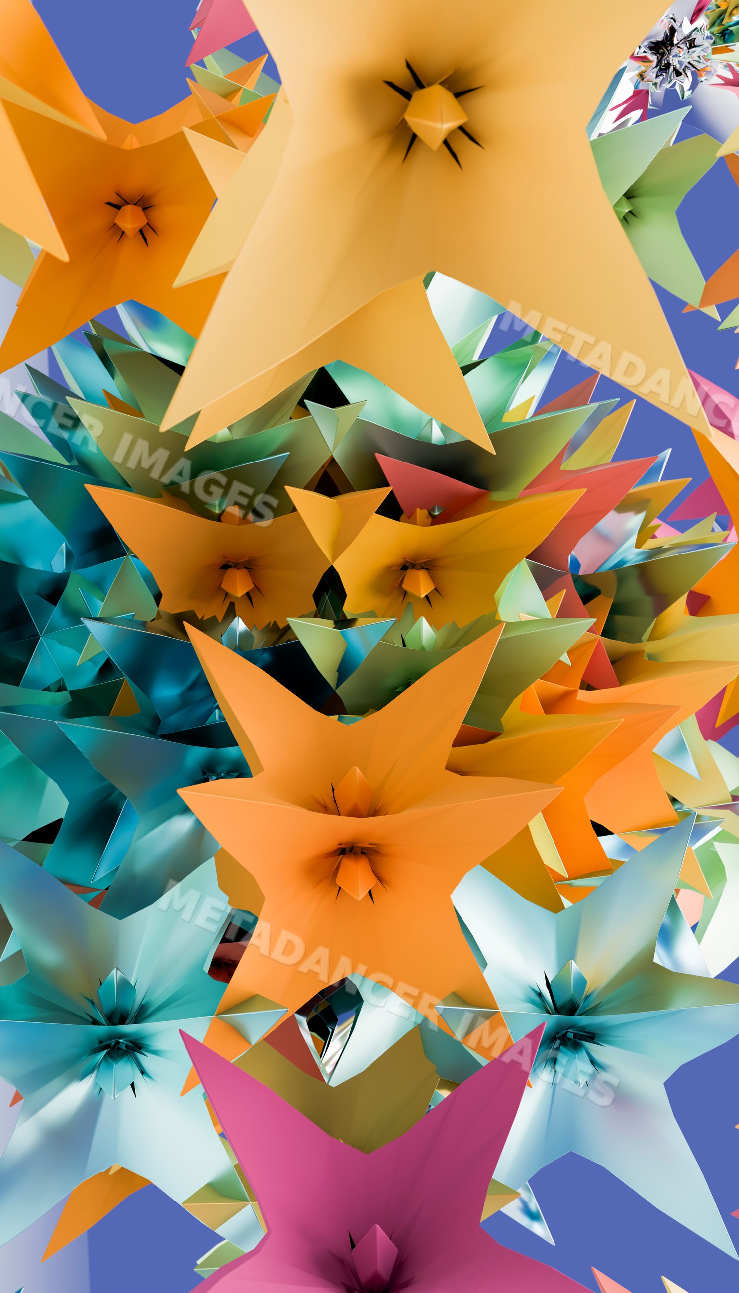 A colorful digital rendering of multicolored abstract star shapes