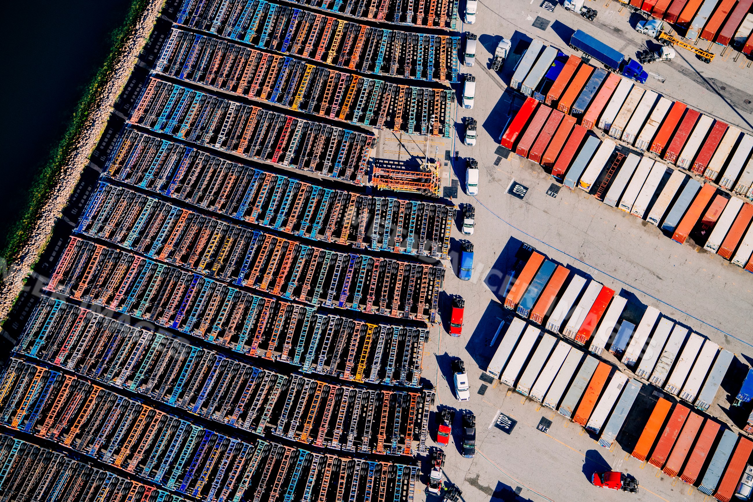 Shipping container trucks and stacked containers