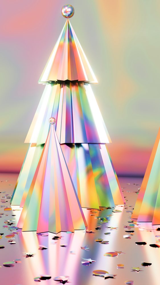 Christmas tree illustration with rainbow colors and festive decoration