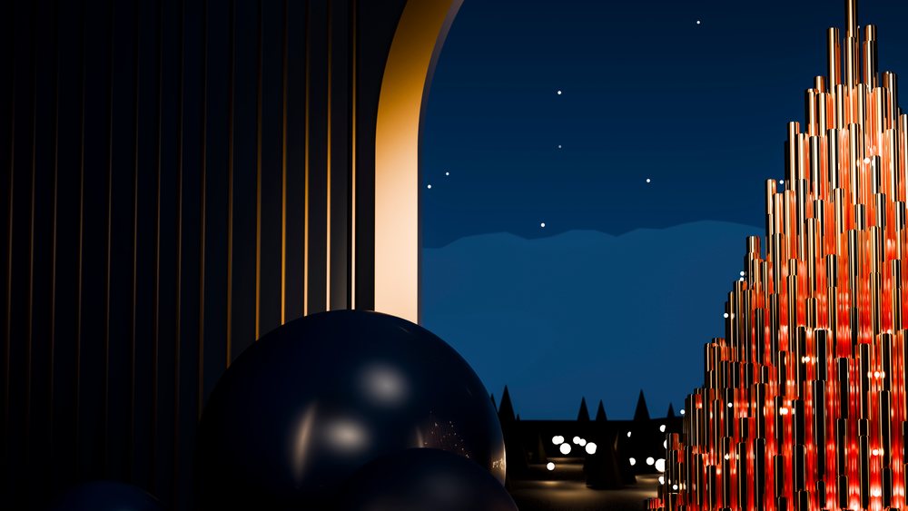 Golden metallic pipes sculpture illuminated at night under stars