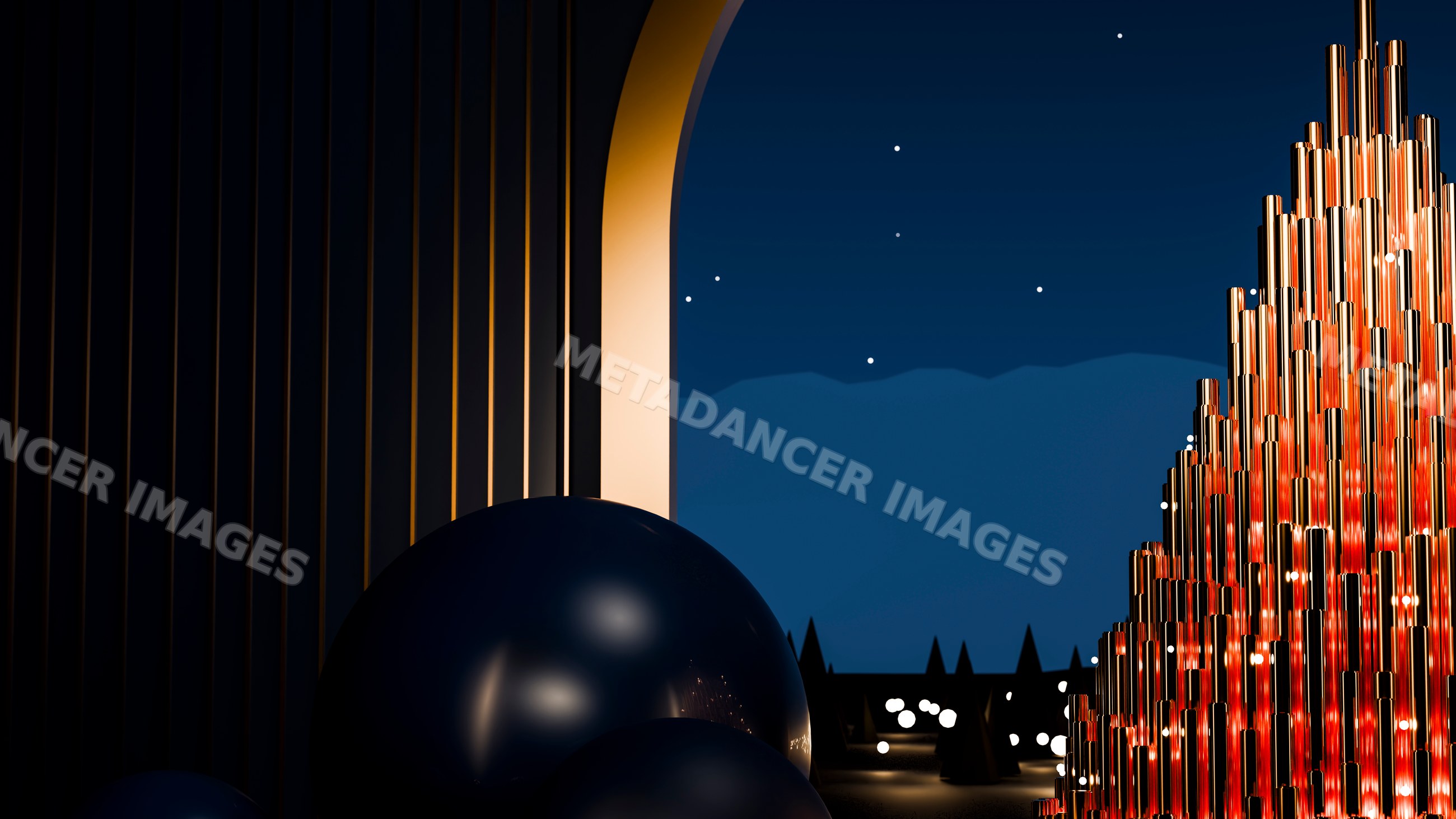 Golden metallic pipes sculpture illuminated at night under stars