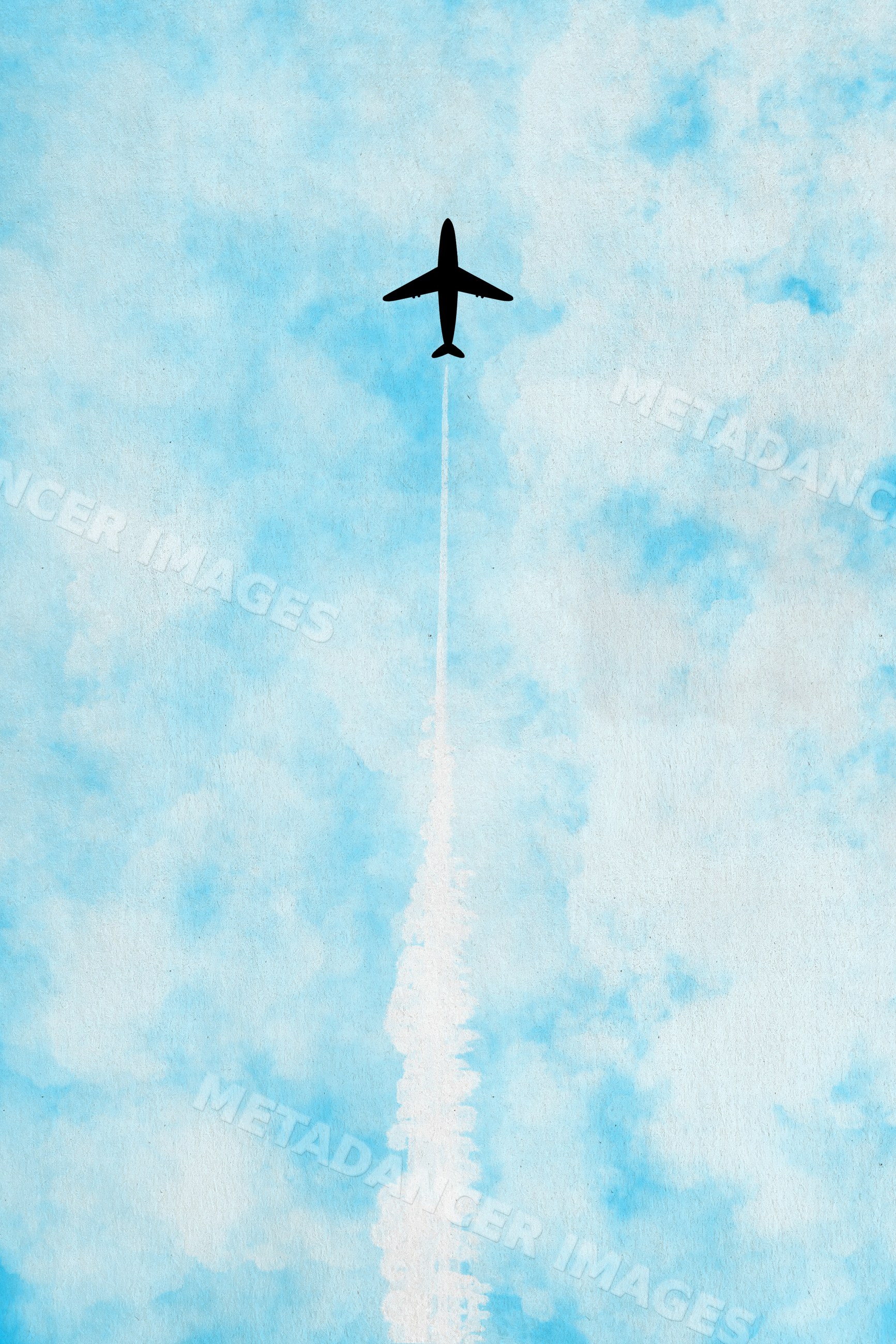 Airplane flying with contrail in blue sky illustration