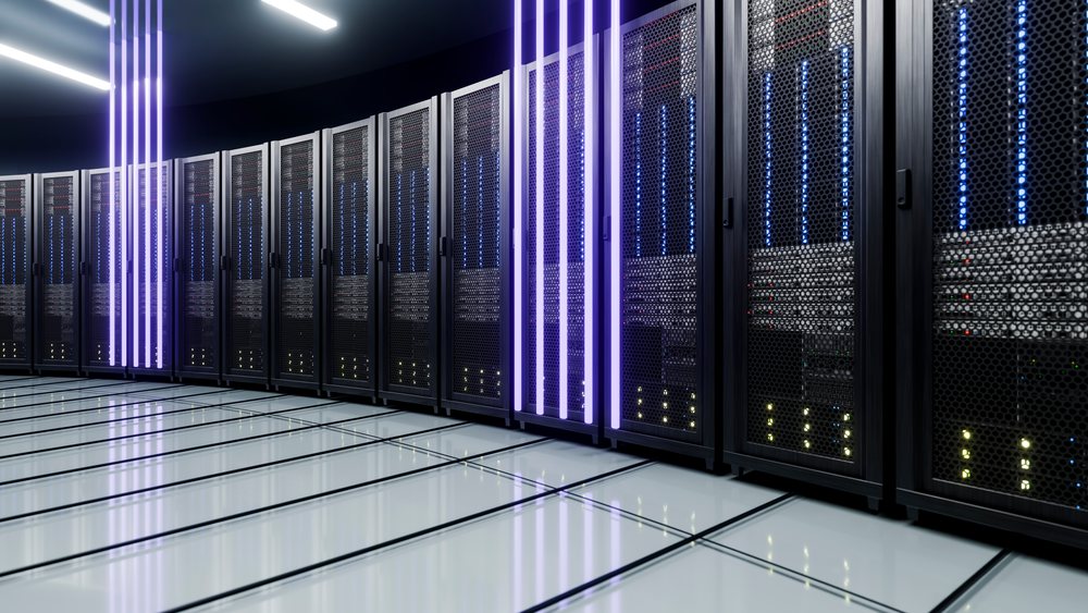 Modern data center row of illuminated server racks