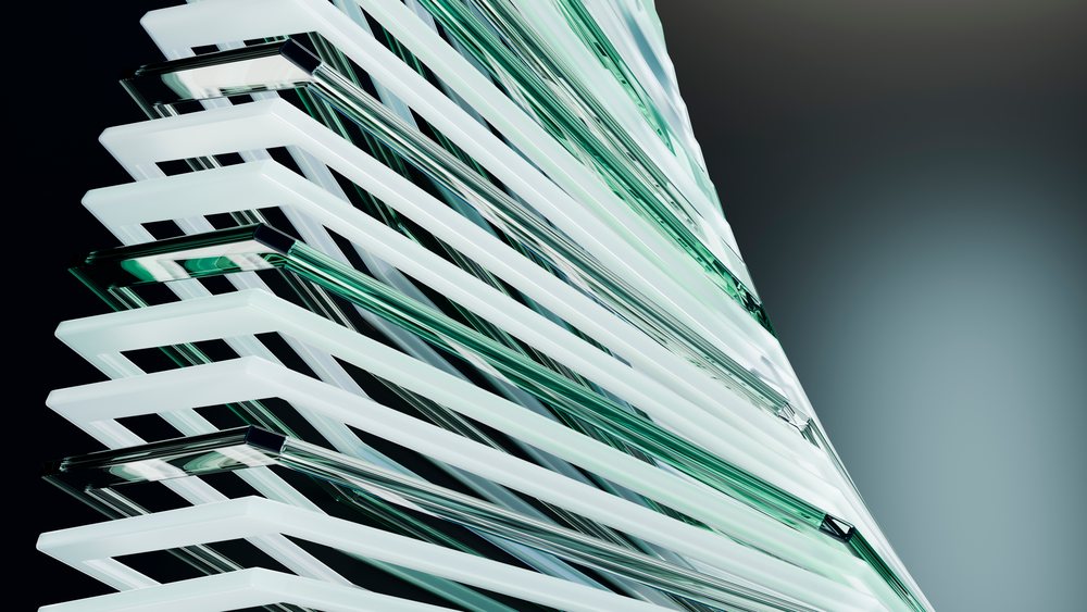 Stacked transparent glass panels in modern architectural design