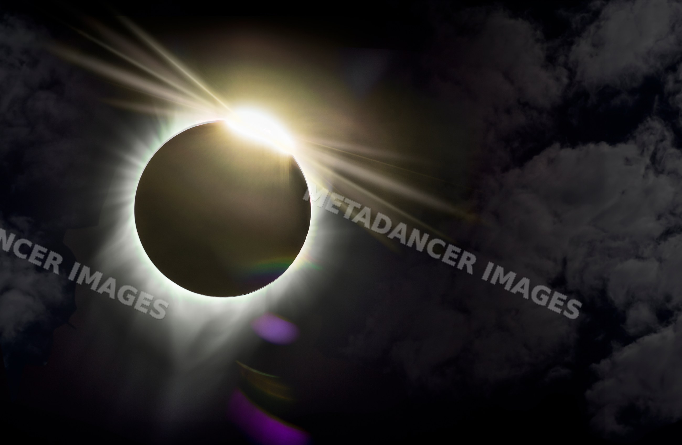 Solar eclipse with glowing sun corona behind the moon in dark sky