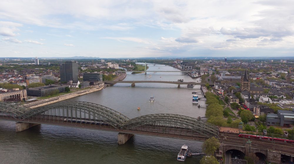 Aerial view of River Rhine and a large bridge in Cologne