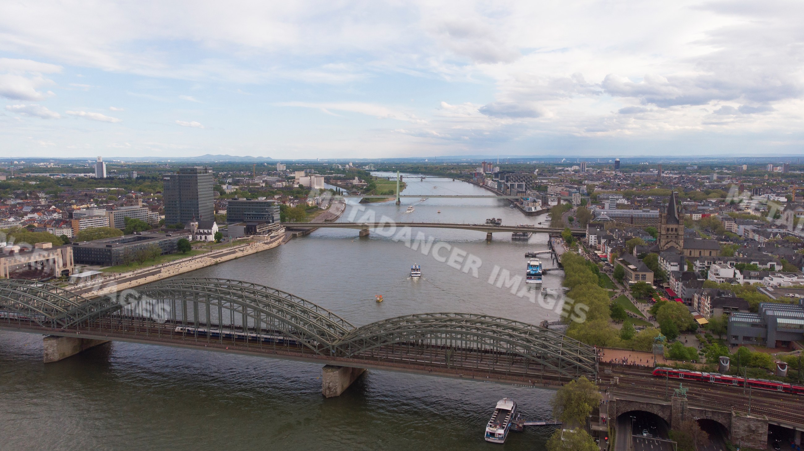 Aerial view of River Rhine and a large bridge in Cologne