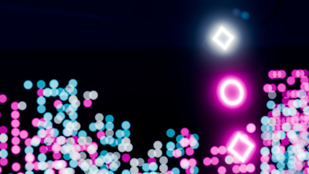 Neon glowing diamond and circle shapes with colorful light bokeh