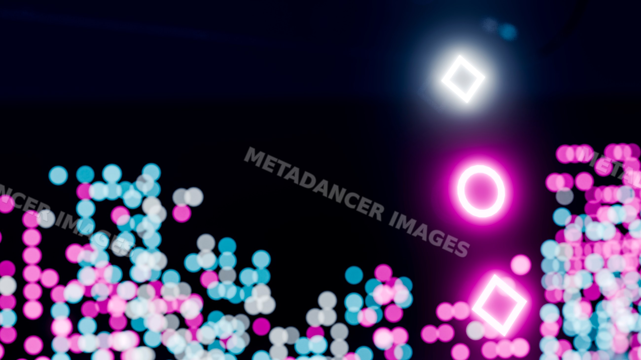 Neon glowing diamond and circle shapes with colorful light bokeh