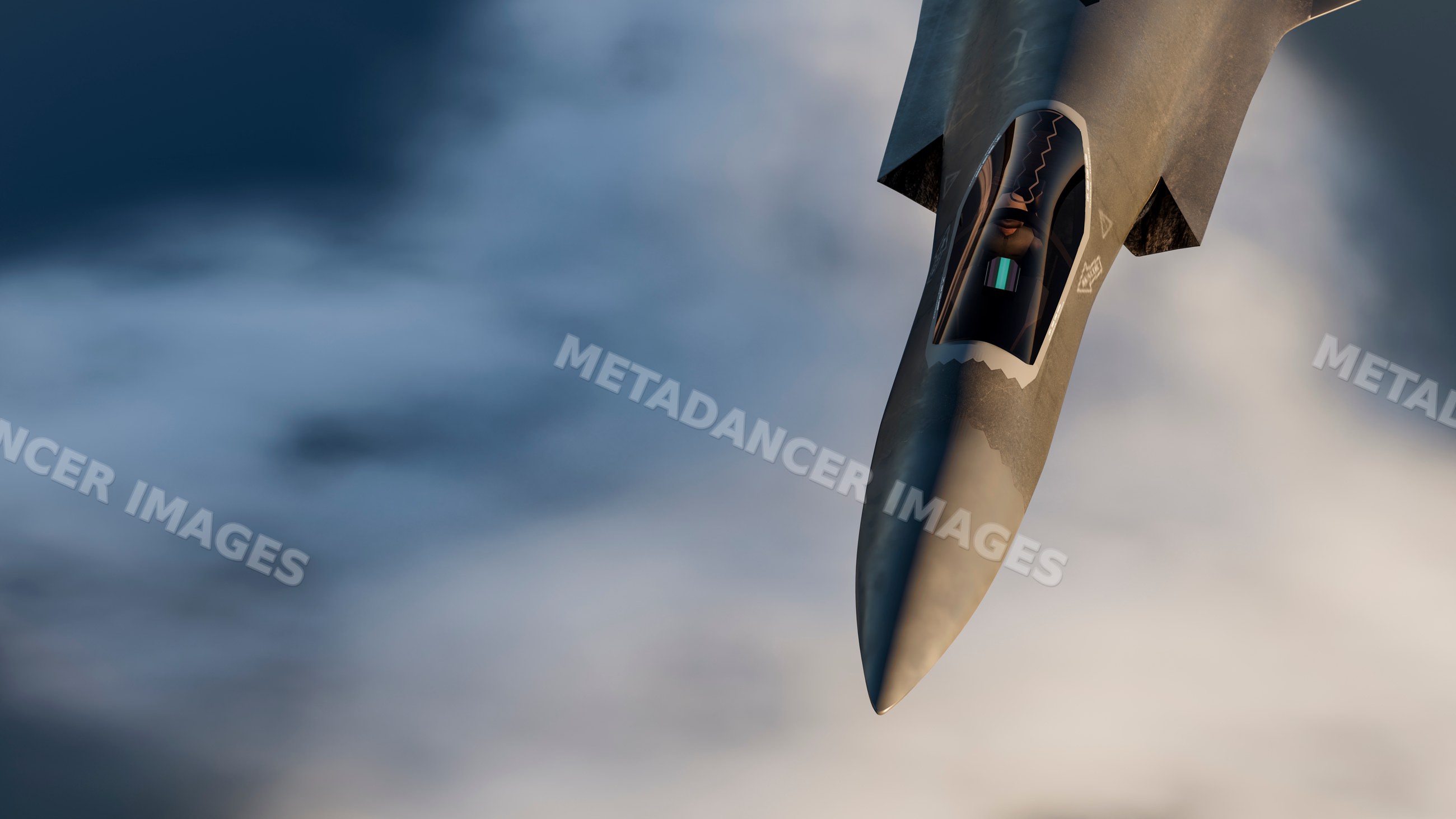 Fighter jet military aircraft flying above clouds in aerial view