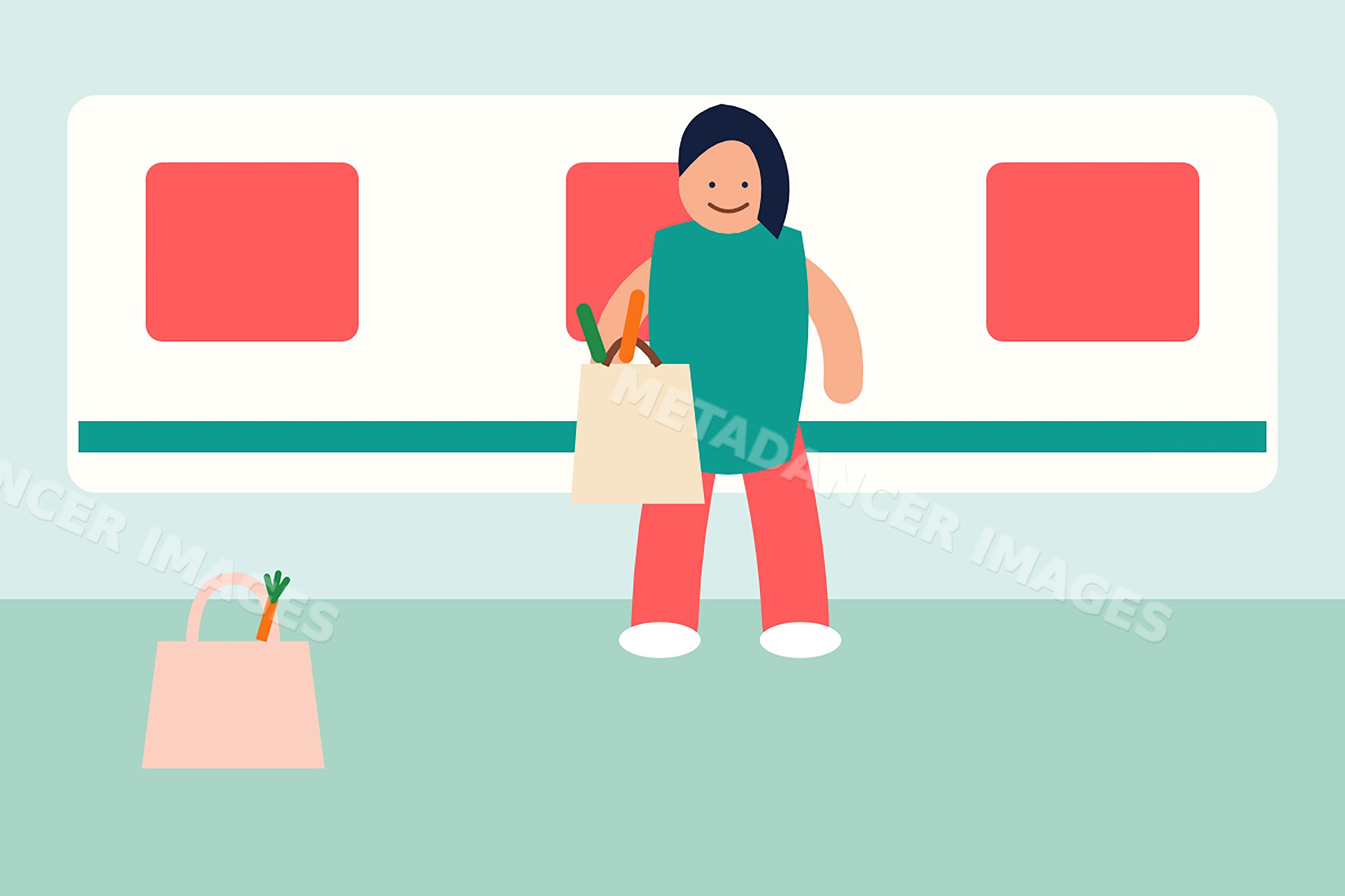 Woman holding grocery bag on subway platform illustrating sustainable