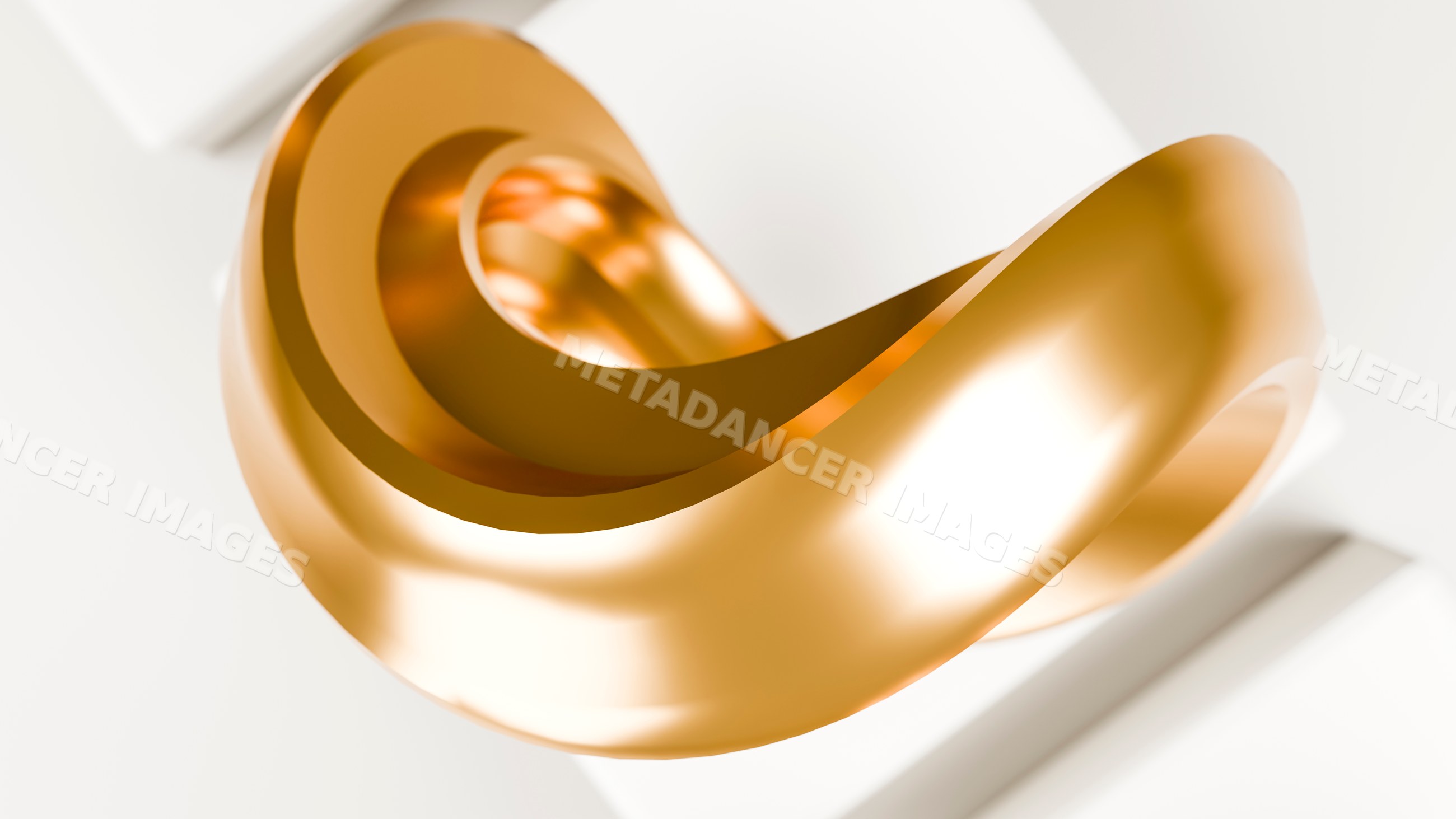 Golden abstract curved sculpture with smooth metallic surface
