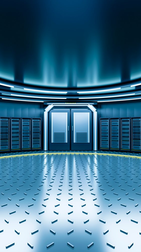 Futuristic data center room with server racks and blue lighting