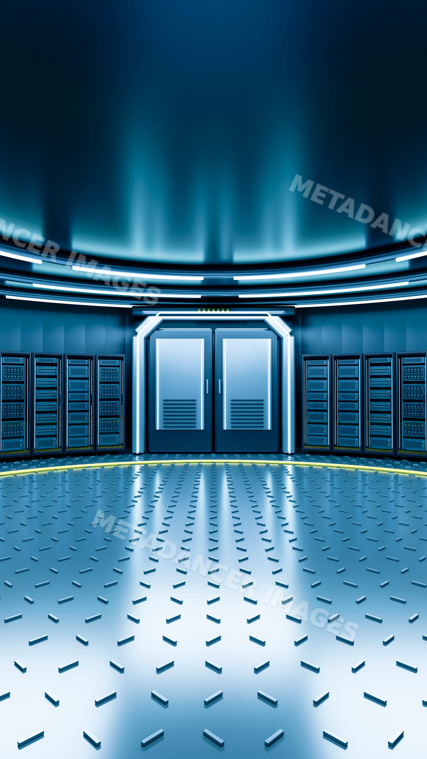 Futuristic data center room with server racks and blue lighting